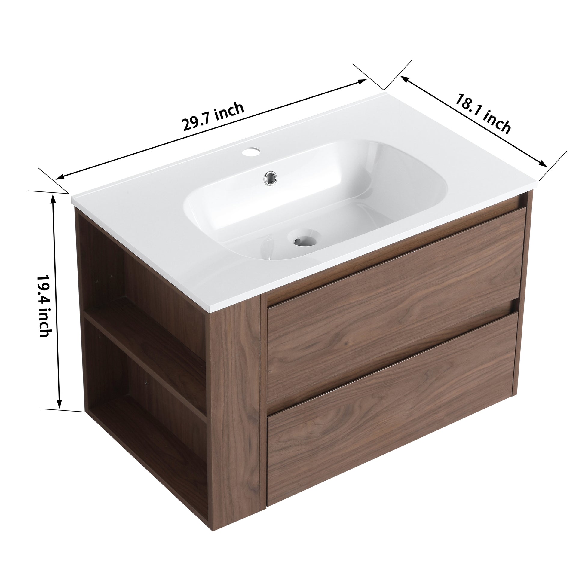 30" Wall Mounting Bathroom Vanity With Gel Sink, Soft Close Drawer 2 Brown Oak 1 Bathroom Wall Mounted Modern Plywood