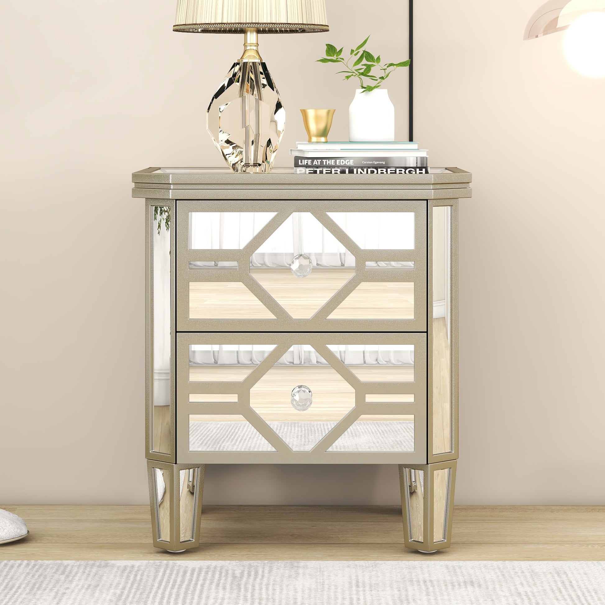 Elegant Mirrored 2 Drawer Side Table With Golden Lines For Living Room, Hallway, Entryway Silver Glass