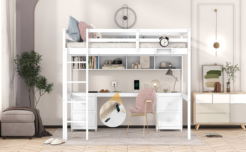 Full Size Loft Bed With Desk, Cabinets, Drawers And Bedside Tray, Charging Station, White White Solid Wood Mdf