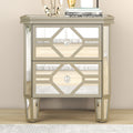 Elegant Mirrored 2 Drawer Side Table With Golden Lines For Living Room, Hallway, Entryway Silver Glass