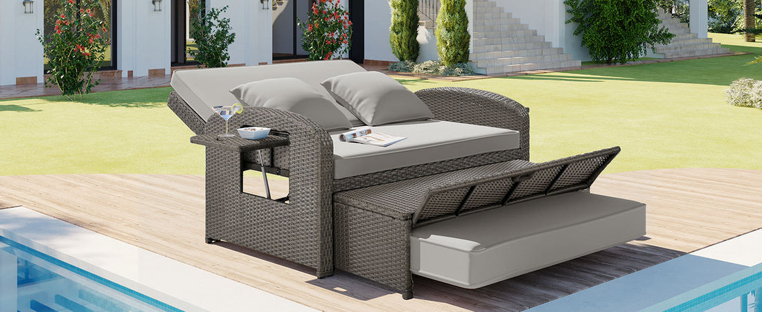 Pe Wicker Rattan Double Chaise Lounge, 2 Person Reclining Daybed With Adjustable Back And Cushions, Free Furniture Protection Cover,Gray Yes Gray Water Resistant Frame Water Resistant Cushion Garden & Outdoor Casual 2 Person Seating Group Foam Rattan