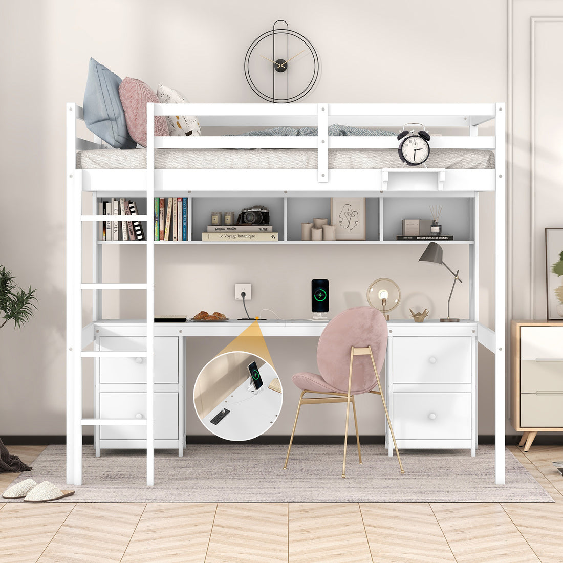 Full Size Loft Bed With Desk, Cabinets, Drawers And Bedside Tray, Charging Station, White White Solid Wood Mdf