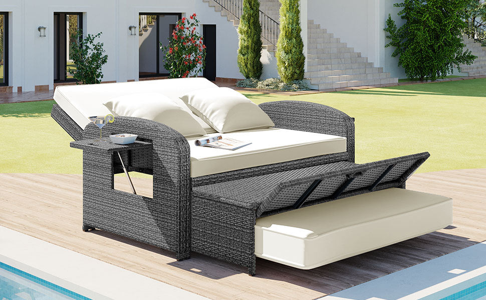 Pe Wicker Rattan Double Chaise Lounge, 2 Person Reclining Daybed With Adjustable Back And Cushions, Free Furniture Protection Cover, White Yes Complete Patio Set White Water Resistant Frame Water Resistant Cushion Garden & Outdoor Casual Sofa Seating