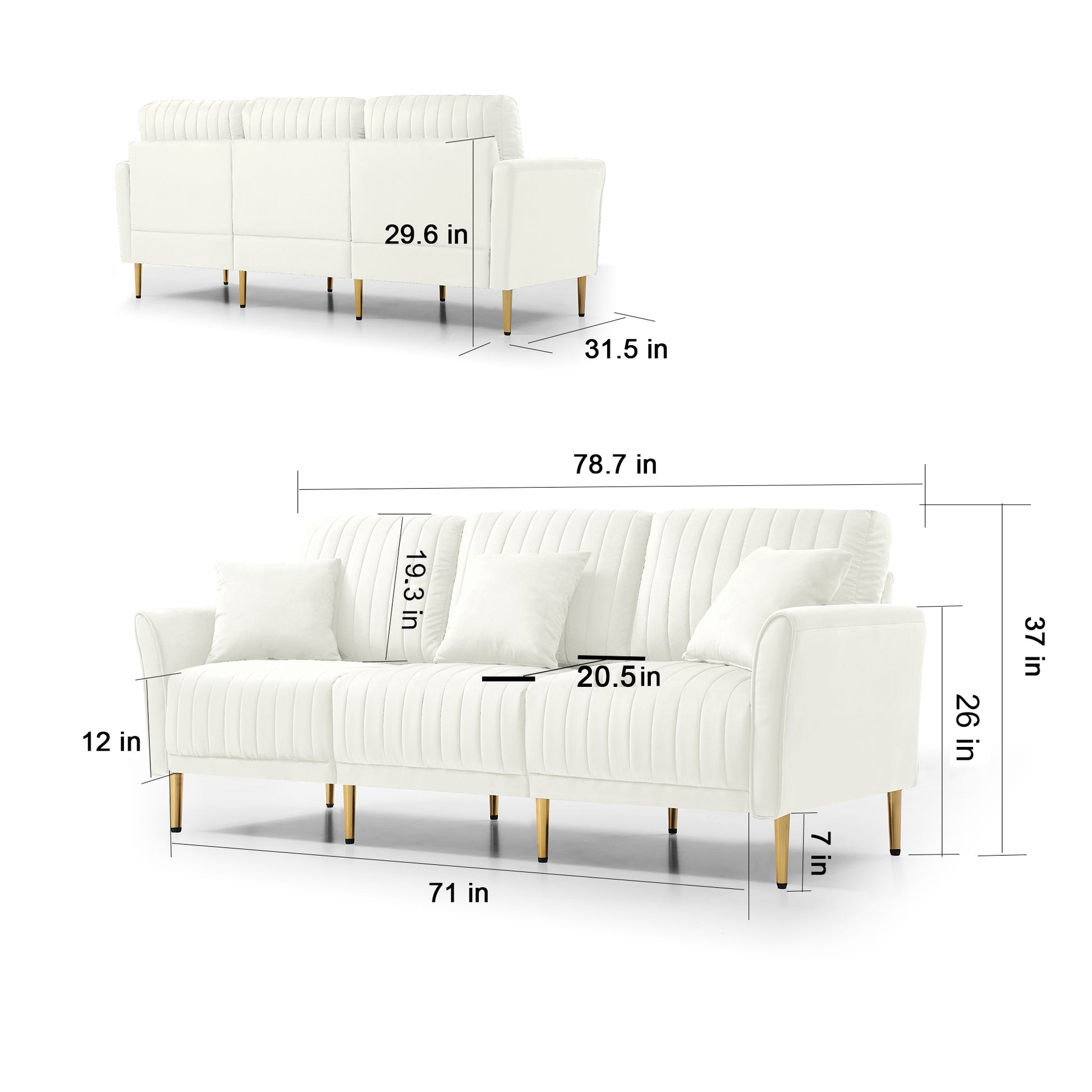 Contemporary Velvet Upholstered 3 Seater Sofa With Deep Channel Tufting And Gold Metal Legs, Cream Cream Foam Velvet