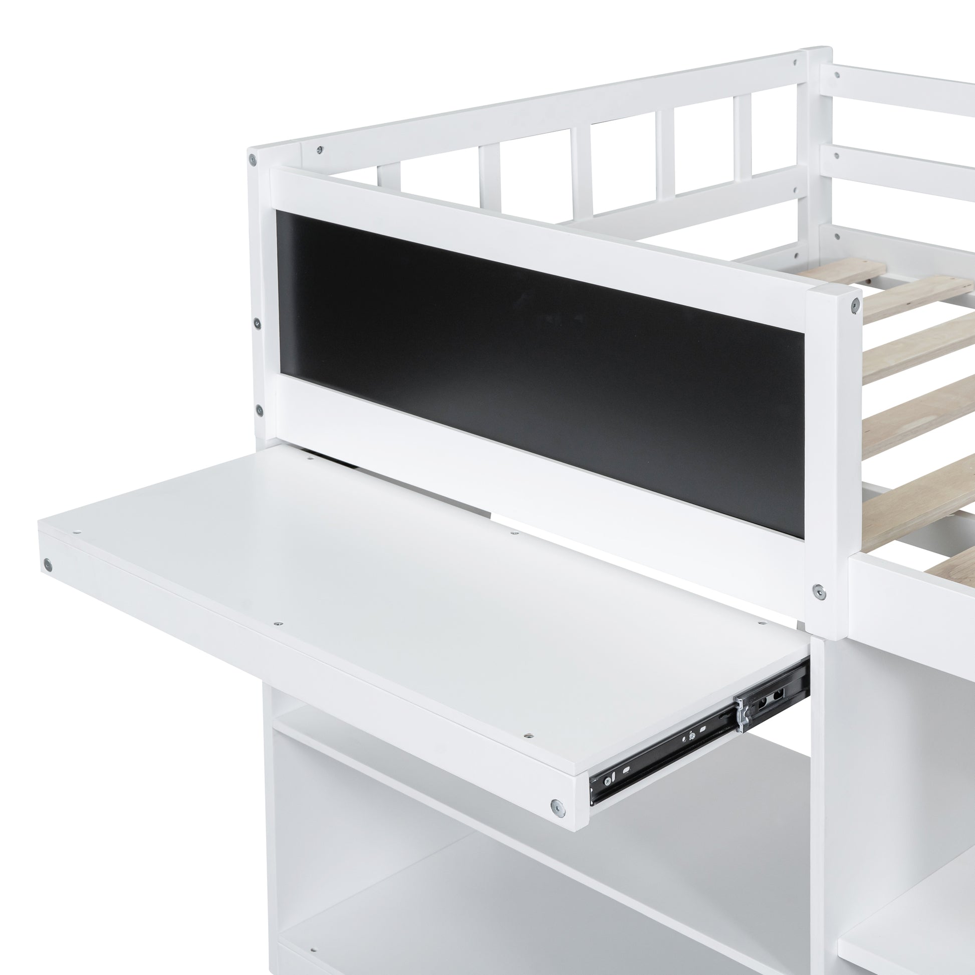 Twin Size Low Loft Bed With Rolling Desk, Shelf And Drawers White White Solid Wood