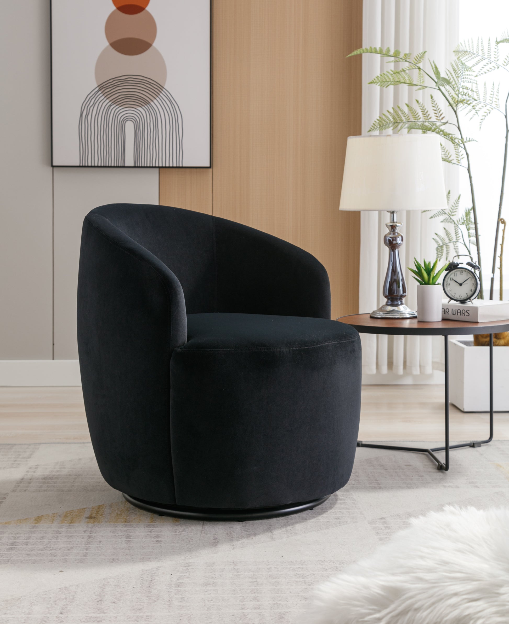 Velvet Fabric Swivel Accent Armchair Barrel Chair With Black Powder Coating Metal Ring,Black Black Foam Velvet