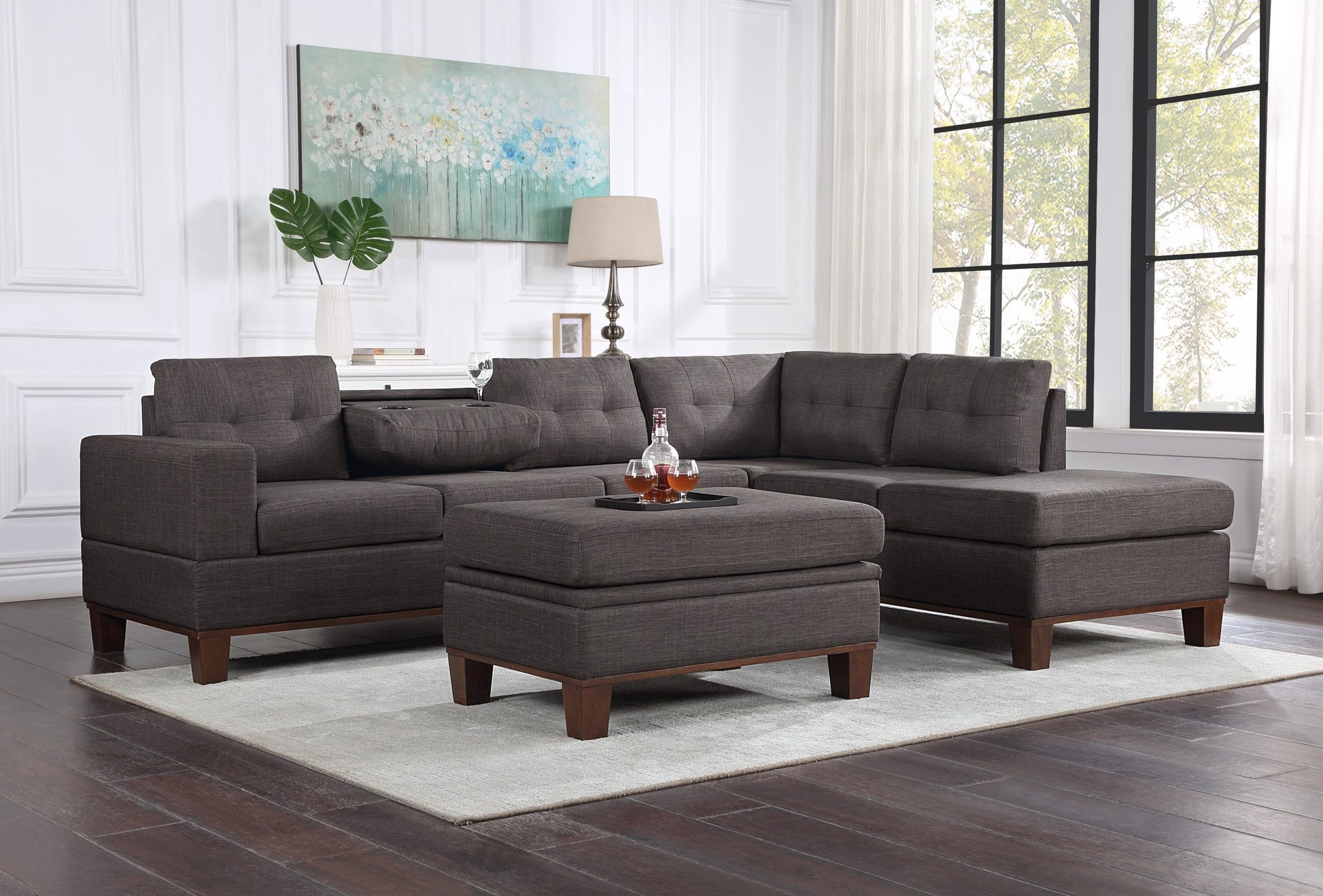 Hilo 106" Dark Gray Fabric Reversible Sectional Sofa With Dropdown Armrest, Cupholder, And Storage Ottoman Dark Gray Polyester