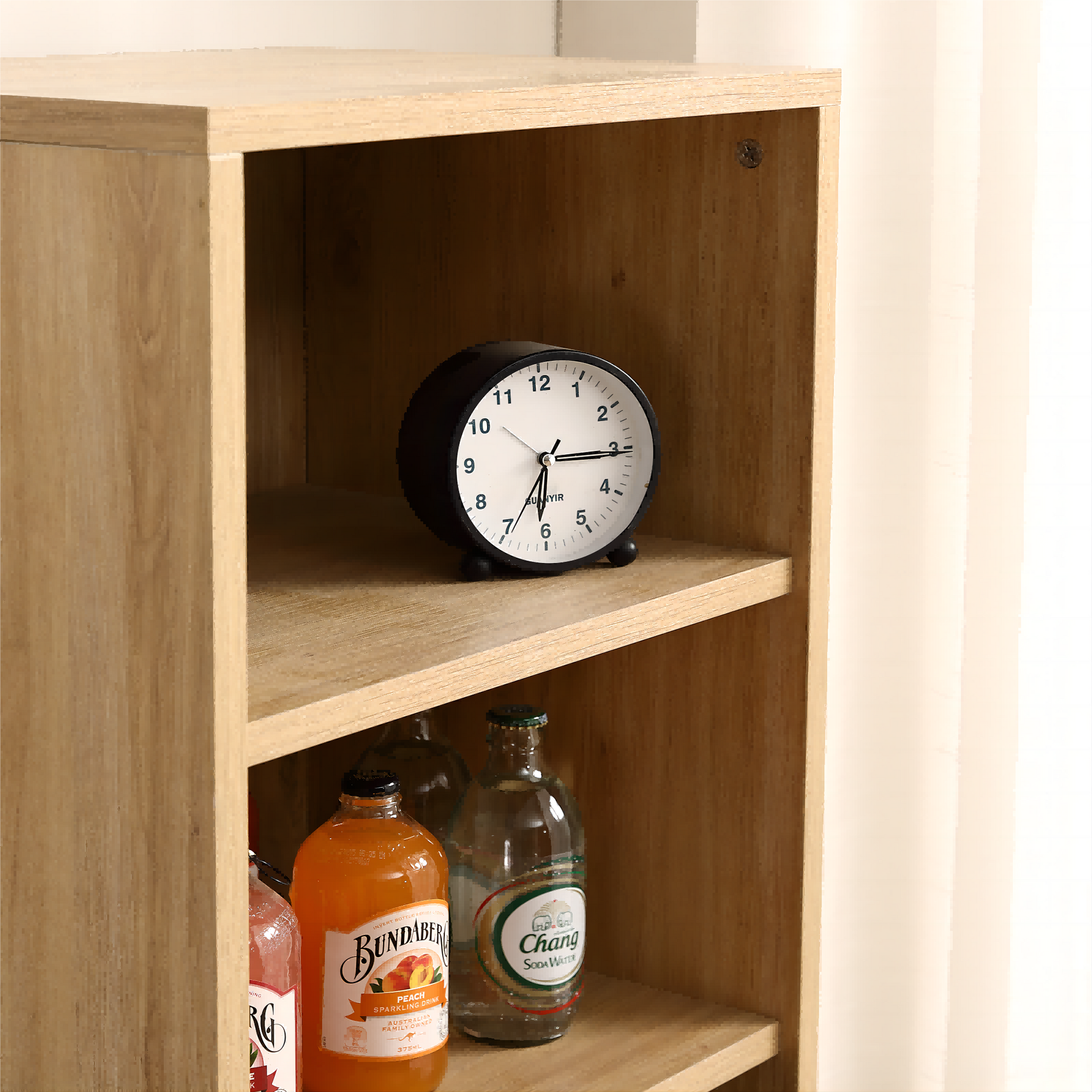 Natural Rattan Mesh Side Cabinet Large Storage Space For Living Room Or Restaurant.56Inch Burlywood. Oak Melamine