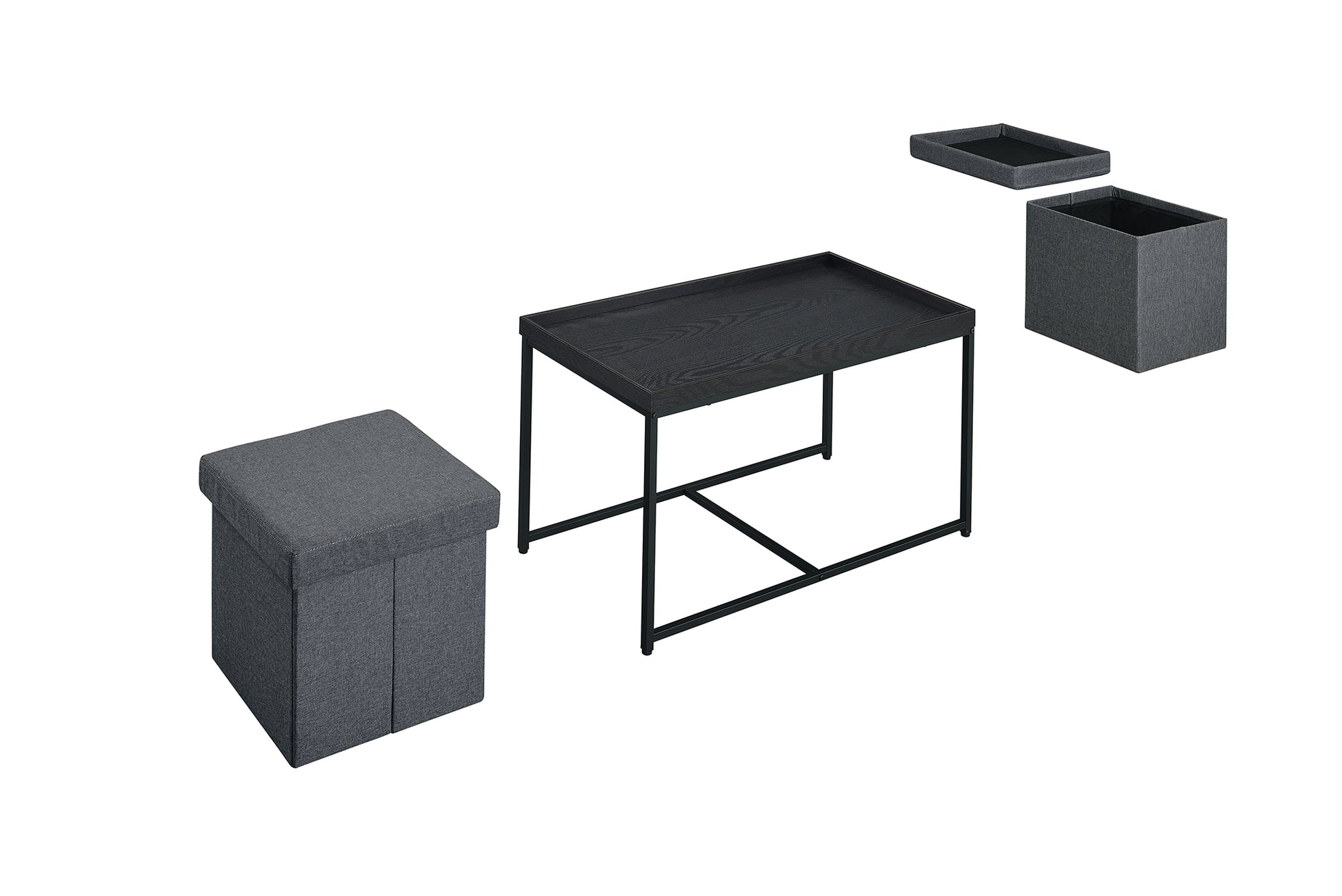 Monty 35" Black Wood Grain 3 Piece Coffee Table Set With Raised Edges Black Mdf