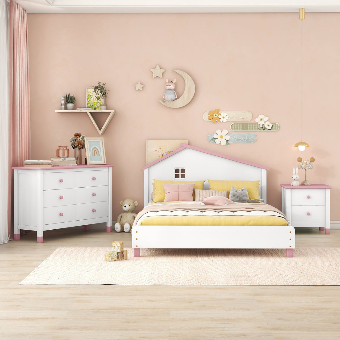 3 Pieces Bedroom Sets Full Size Platform Bed With Nightstand And Storage Dresser,White Pink White Pink Solid Wood