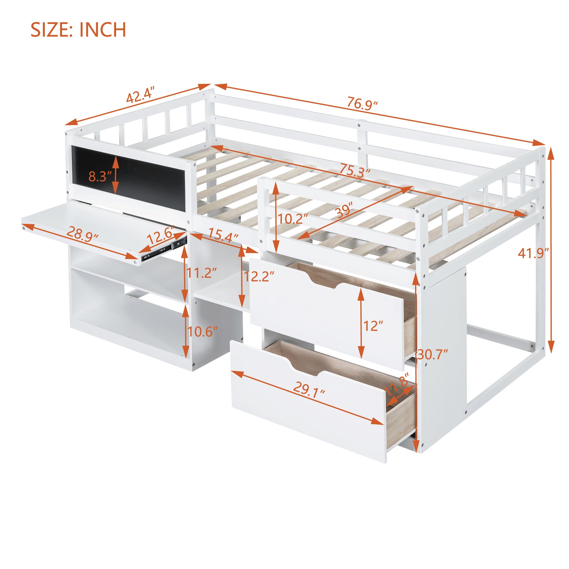 Twin Size Low Loft Bed With Rolling Desk, Shelf And Drawers White White Solid Wood