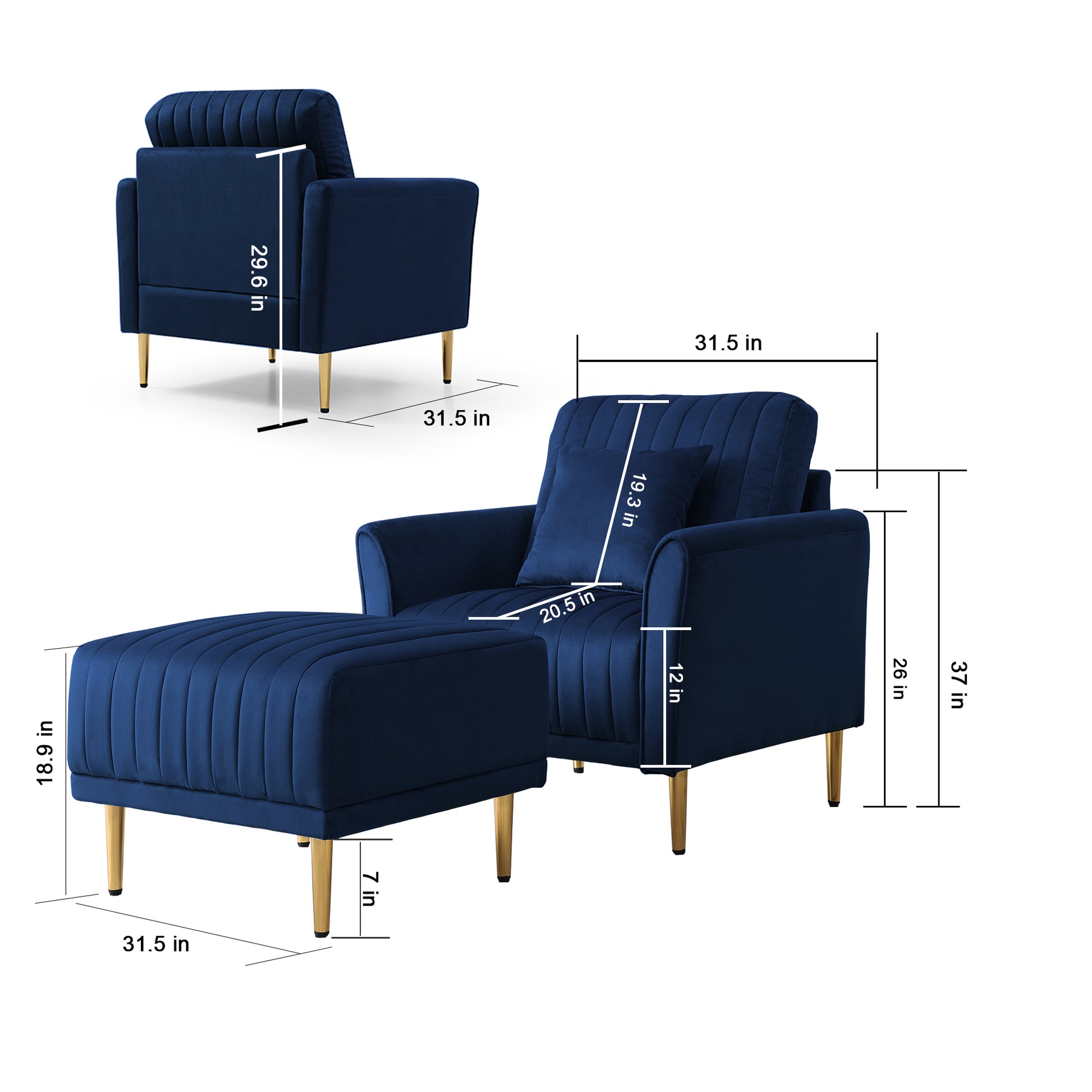 Accent Chair With Ottoman, Single Sofa Chair And Ottoman Set, Modern Velvet Barrel Chair Accent Armchair With Golden Legs For Living Room Bedroom Home Office, Channel Tufted Back Club Chair, Blue