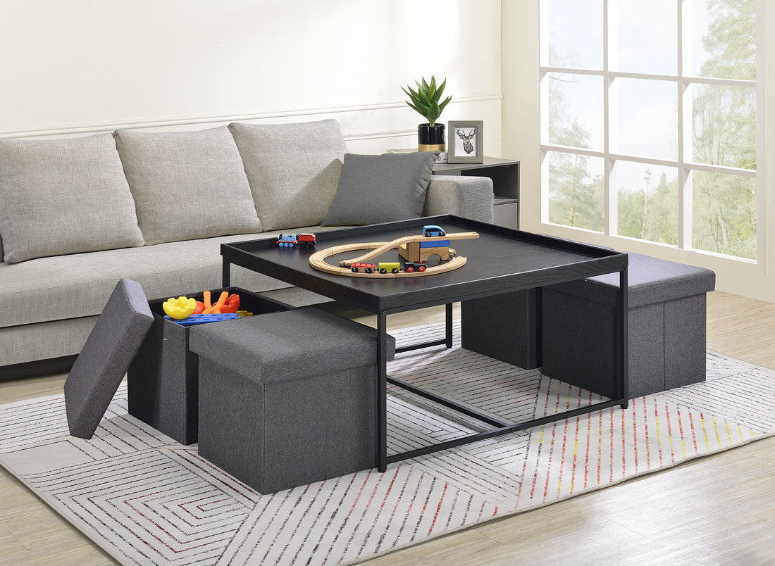 Vinny 35" Black Wood Grain 5 Piece Coffee Table Set With Raised Edges Black Mdf