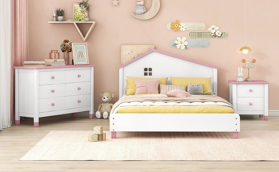 3 Pieces Bedroom Sets Full Size Platform Bed With Nightstand And Storage Dresser,White Pink White Pink Solid Wood