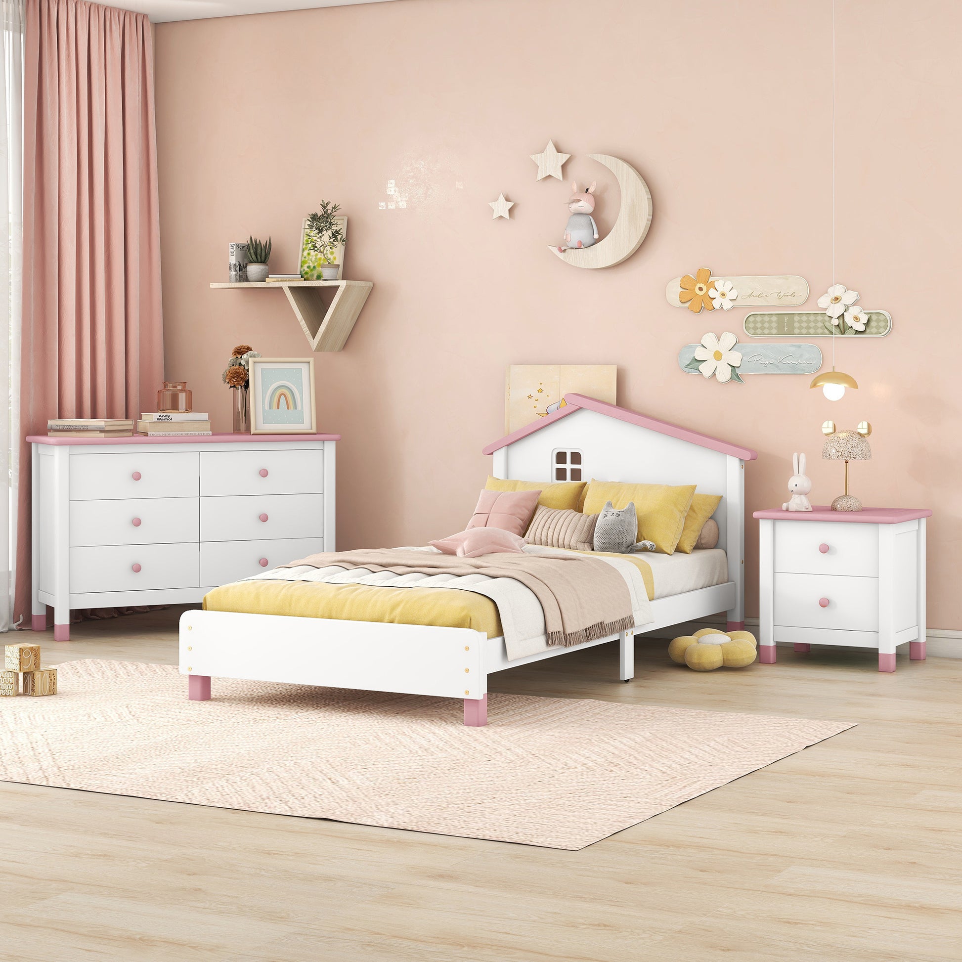 3 Pieces Bedroom Sets Twin Size Platform Bed With Nightstand And Storage Dresser,White Pink White Pink Solid Wood