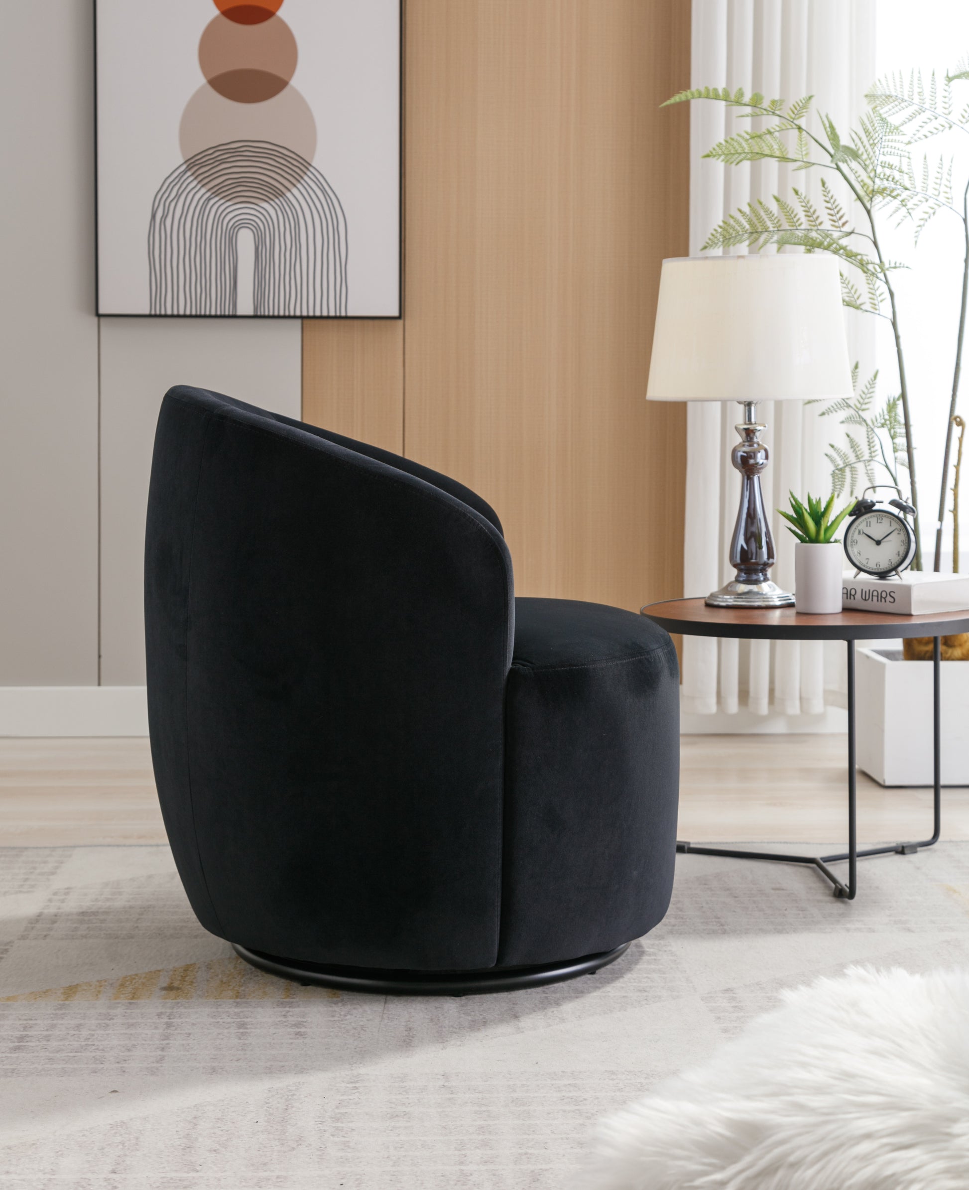Velvet Fabric Swivel Accent Armchair Barrel Chair With Black Powder Coating Metal Ring,Black Black Foam Velvet
