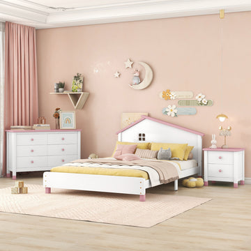 3 Pieces Bedroom Sets Full Size Platform Bed With Nightstand And Storage Dresser,White Pink White Pink Solid Wood