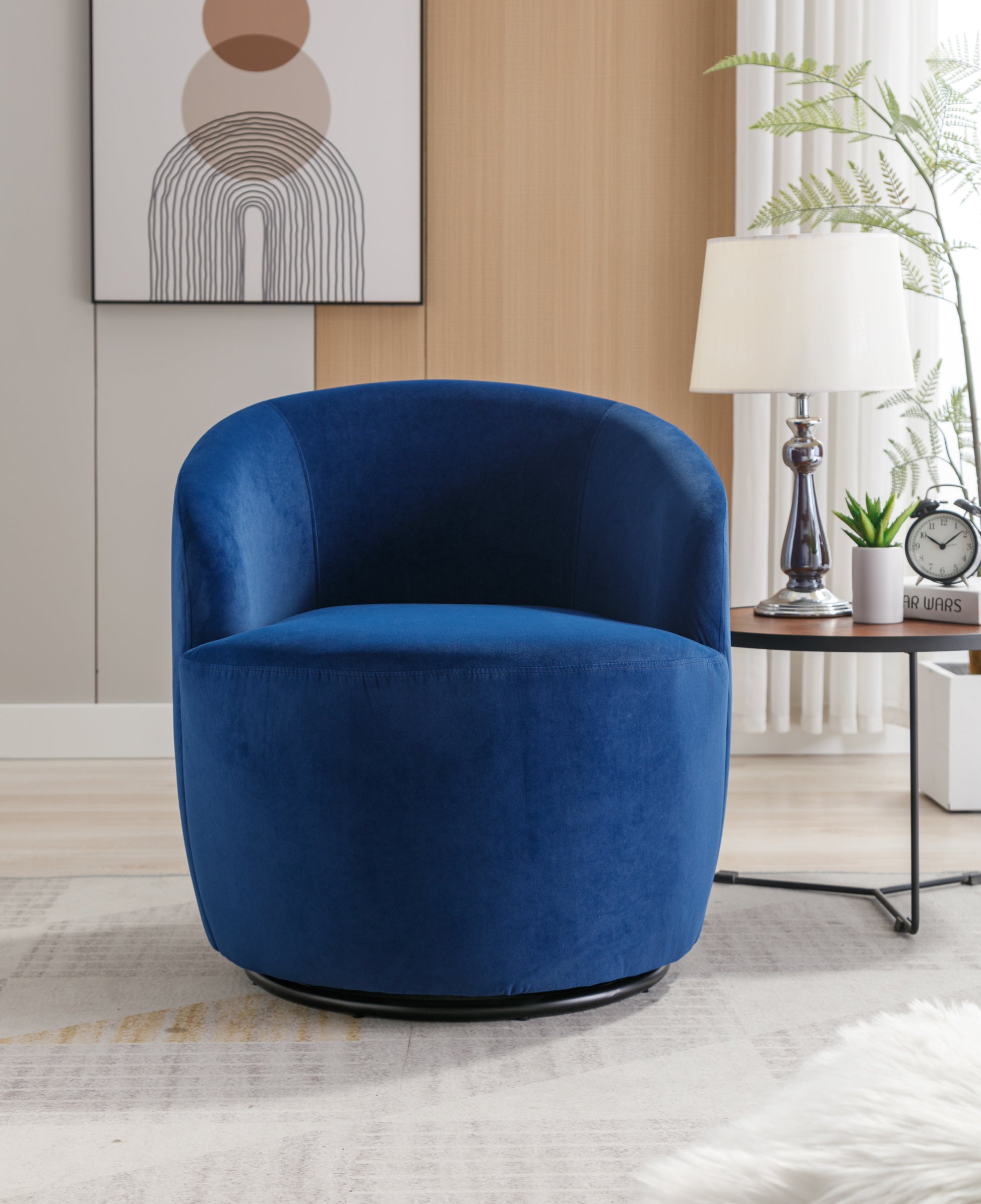 Velvet Fabric Swivel Accent Armchair Barrel Chair With Black Powder Coating Metal Ring,Blue Blue Foam Velvet
