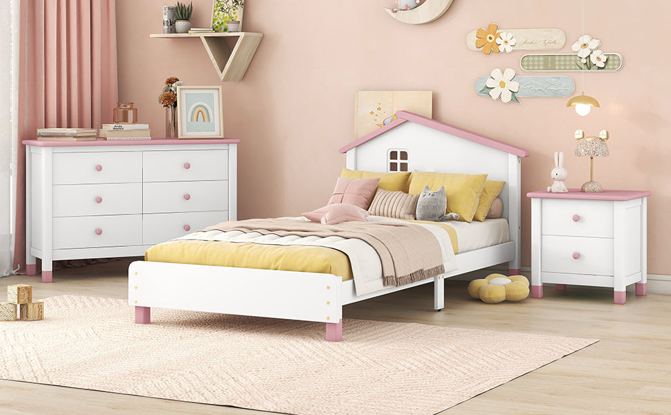 3 Pieces Bedroom Sets Twin Size Platform Bed With Nightstand And Storage Dresser,White Pink White Pink Solid Wood