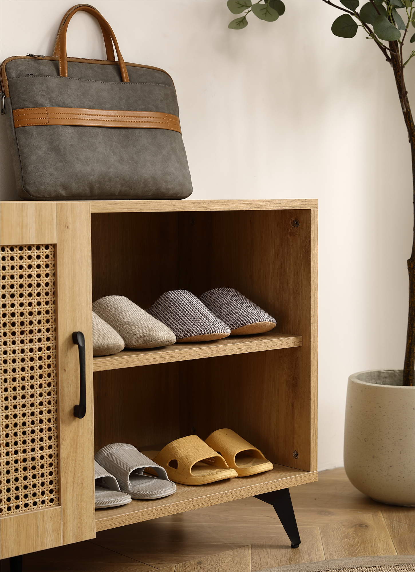Modern Shoe Storage Cabinet with Natural Rattan