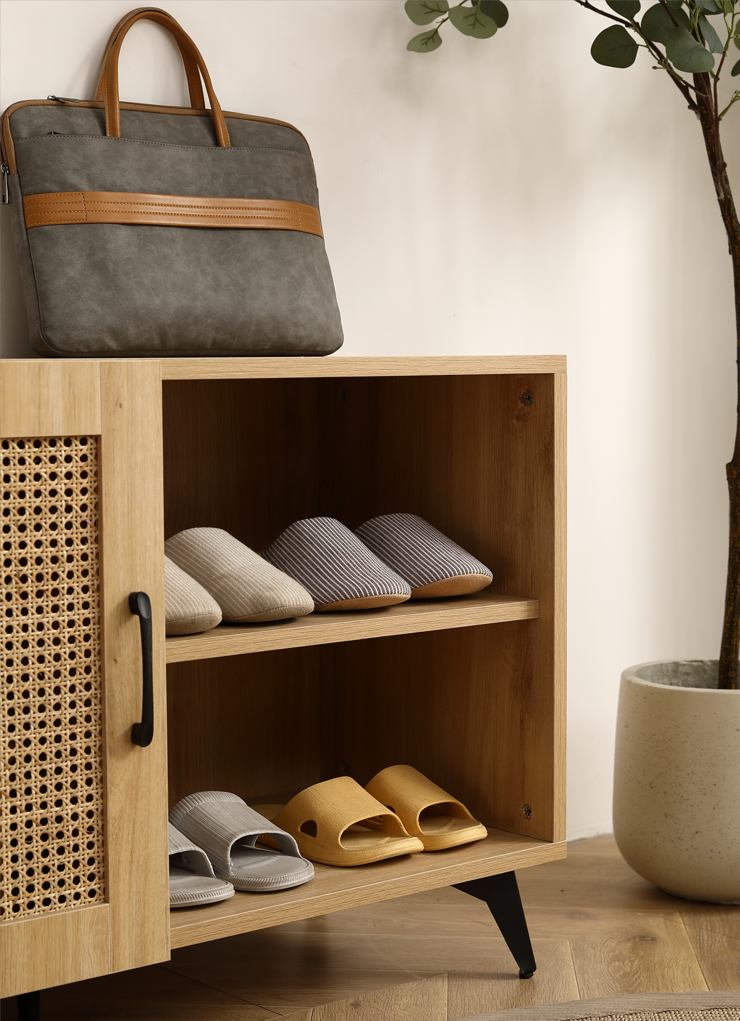 Modern Shoe Storage Cabinet With Natural Rattan Mesh Door And Solid Wooden Handle 39.37Inch Natural Wood Wood