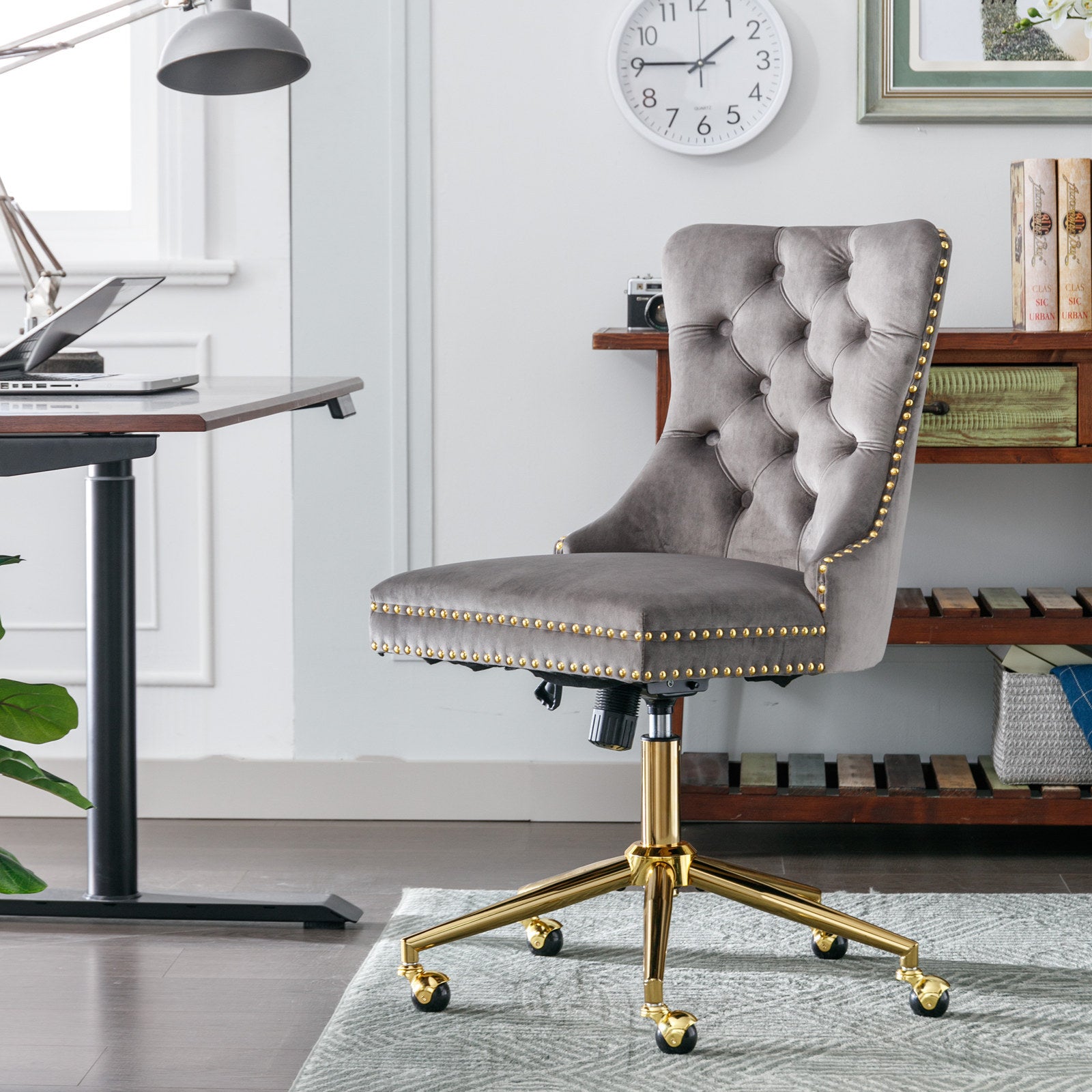 Office Chair,Velvet Upholstered Tufted Button Home Office Chair With Golden Metal Base,Adjustable Desk Chair Swivel Office Chair Gray Gray Foam Velvet