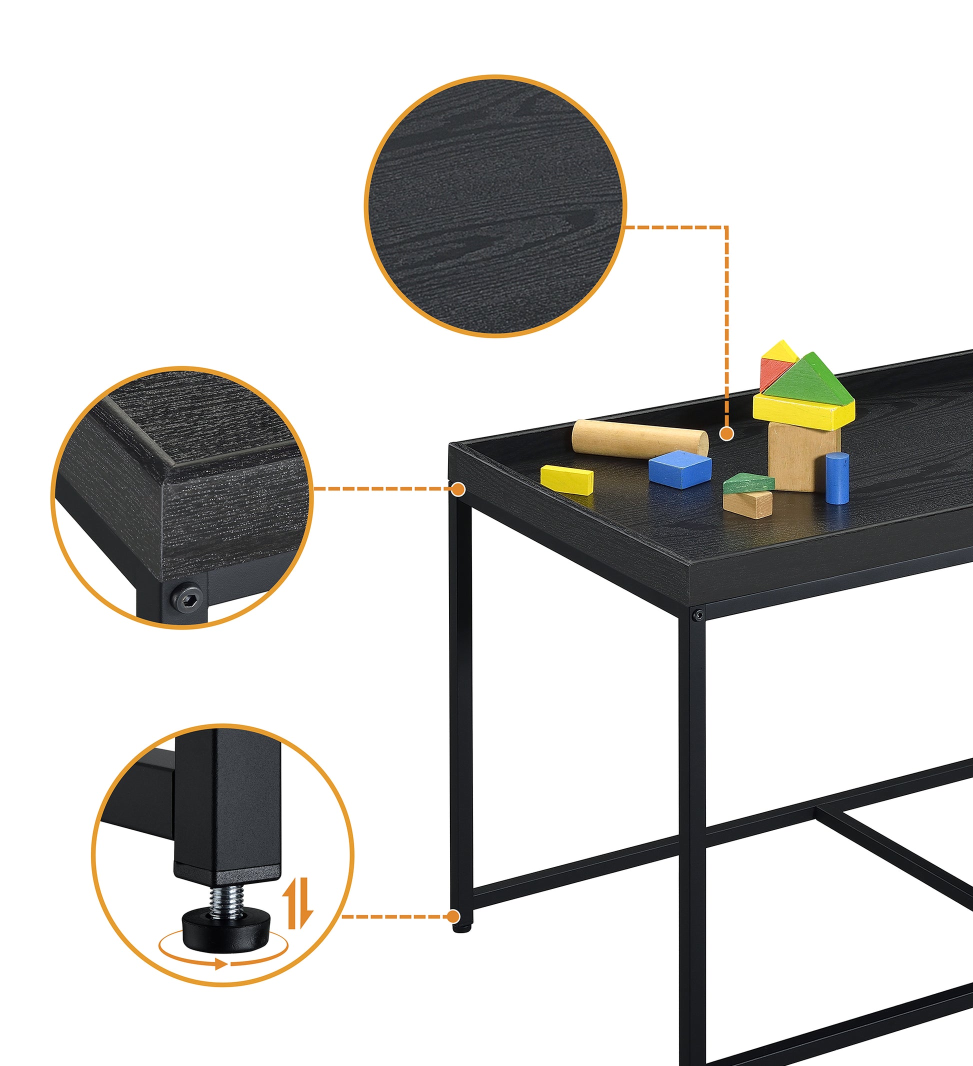 Monty 35" Black Wood Grain 3 Piece Coffee Table Set With Raised Edges Black Mdf