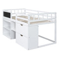 Twin Size Low Loft Bed With Rolling Desk, Shelf And Drawers White White Solid Wood