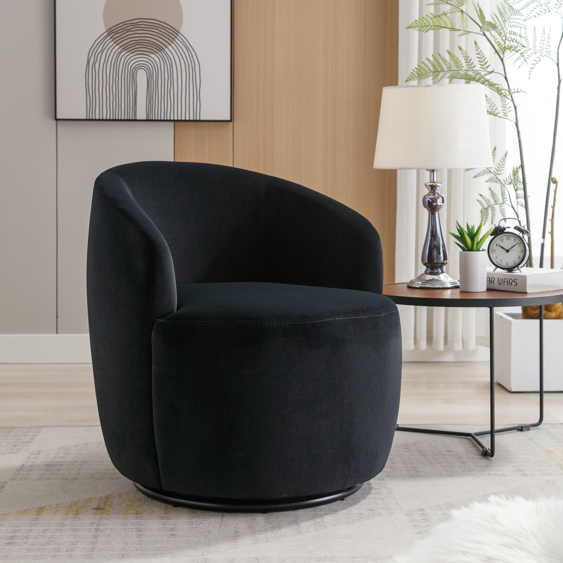 Velvet Fabric Swivel Accent Armchair Barrel Chair With Black Powder Coating Metal Ring,Black Black Foam Velvet