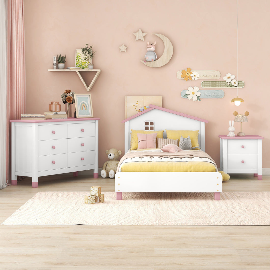 3 Pieces Bedroom Sets Twin Size Platform Bed With Nightstand And Storage Dresser,White Pink White Pink Solid Wood