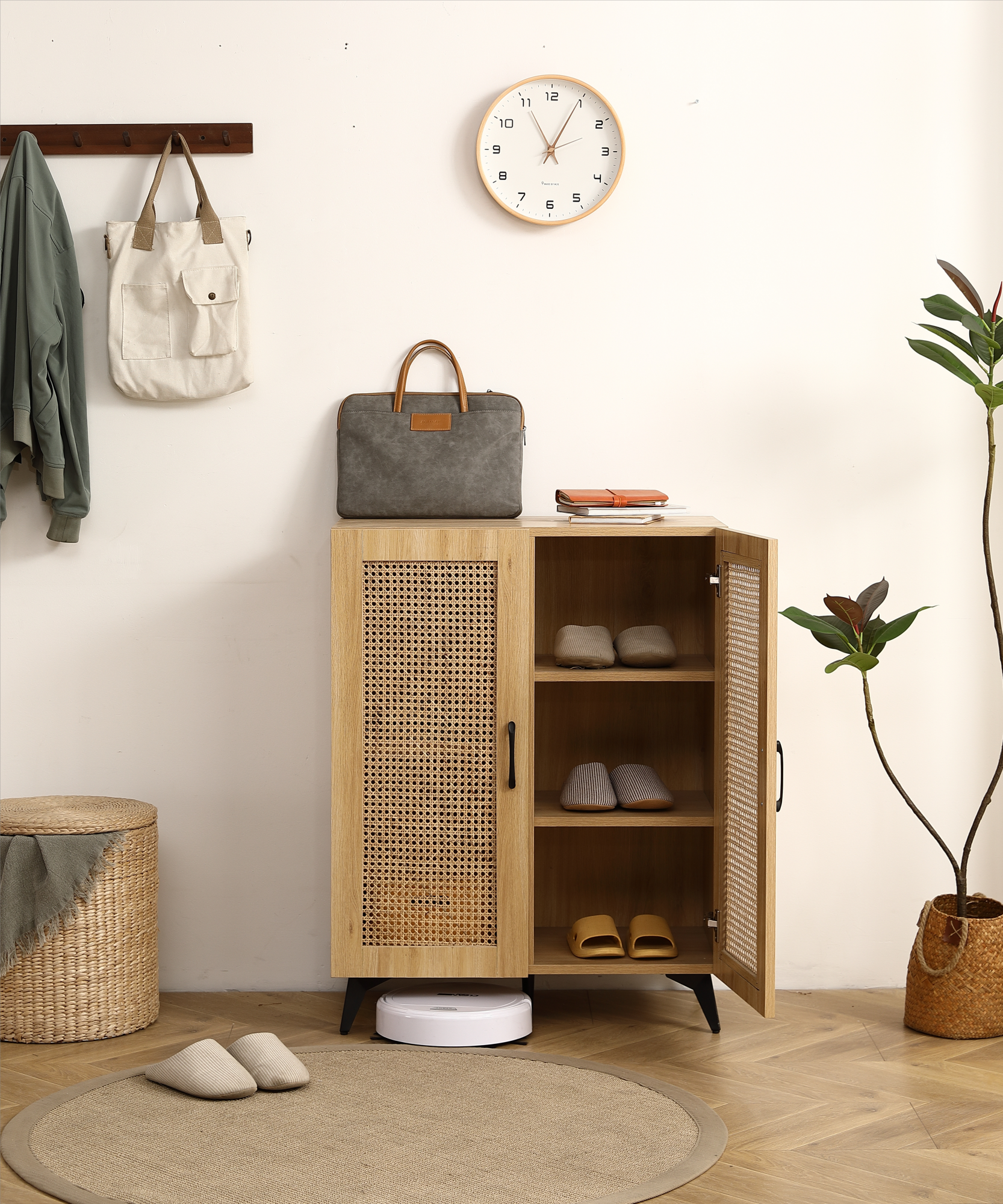 Natural Rattan Storage Cabinet Double Door Shoe