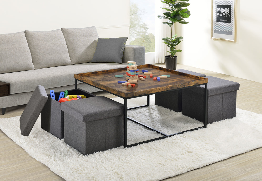 Vinny 35" Weathered Oak Wood Grain 5 Piece Coffee Table Set With Raised Edges Brown Oak Mdf