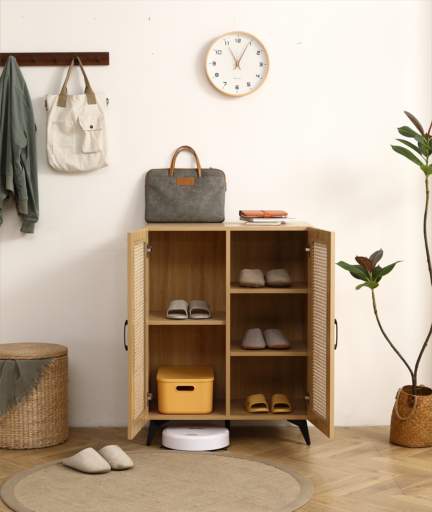 Natural Rattan Storage Cabinet Double Door Shoe