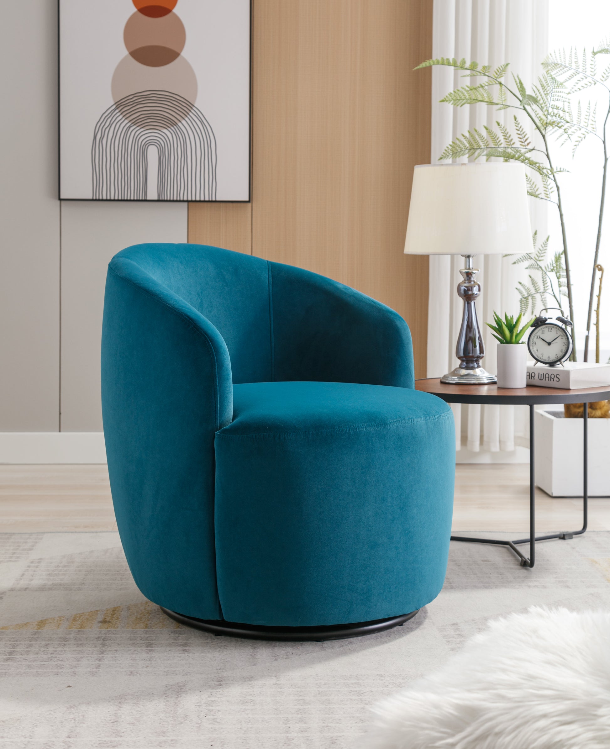Velvet Fabric Swivel Accent Armchair Barrel Chair With Black Powder Coating Metal Ring,Teal Teal Foam Velvet