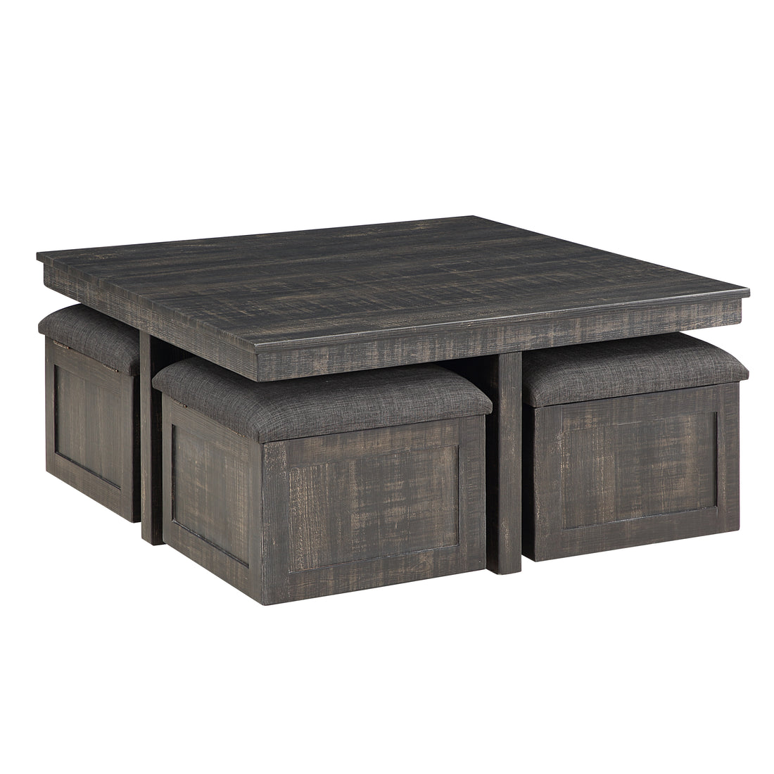 Moseberg 38" Gray Oak Coffee Table With Storage Stools Gray Rubber Wood