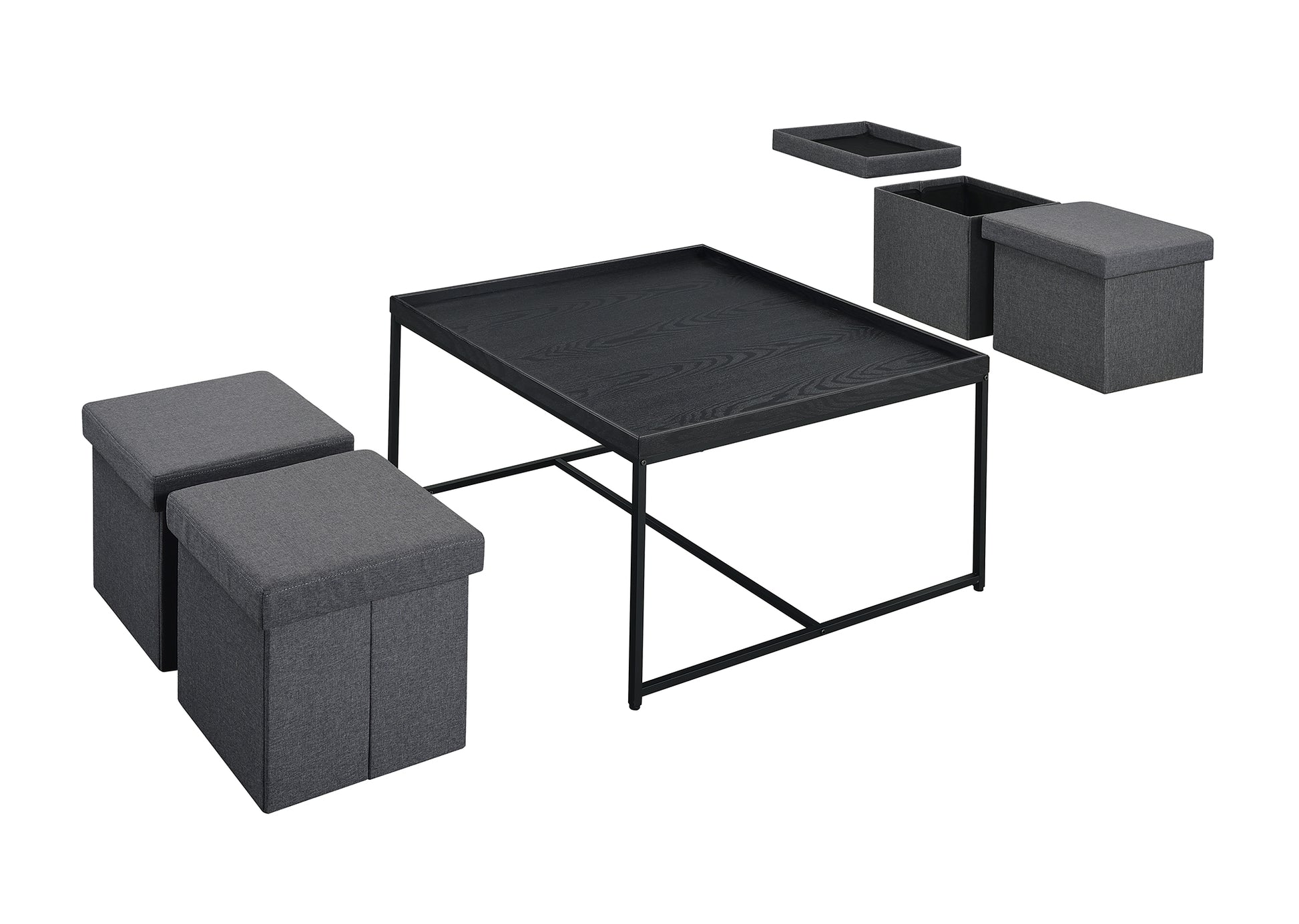 Vinny 35" Black Wood Grain 5 Piece Coffee Table Set With Raised Edges Black Mdf