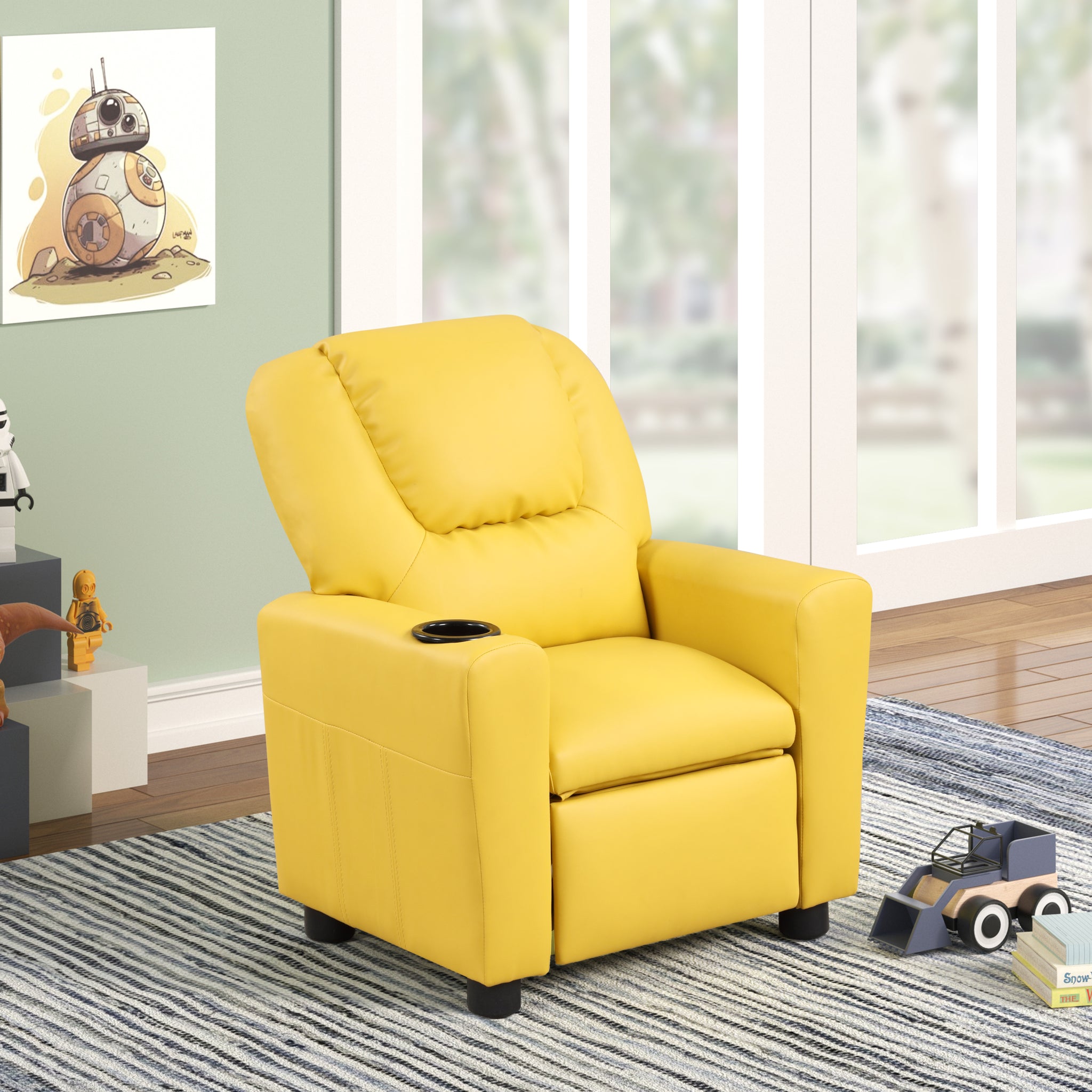 Marisa 22" Yellow Pu Leather Kids Recliner Chair With Cupholder Yellow Pu Leather