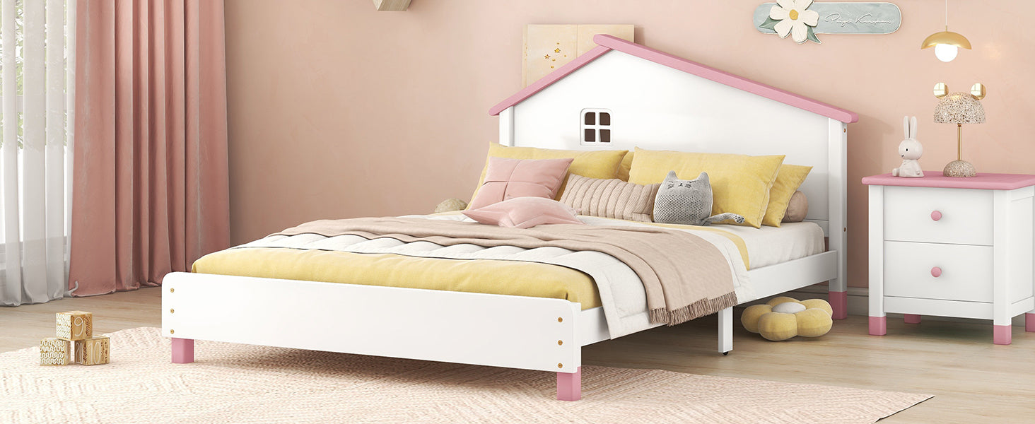 Full Size Wood Platform Bed with House shaped white+pink-solid wood