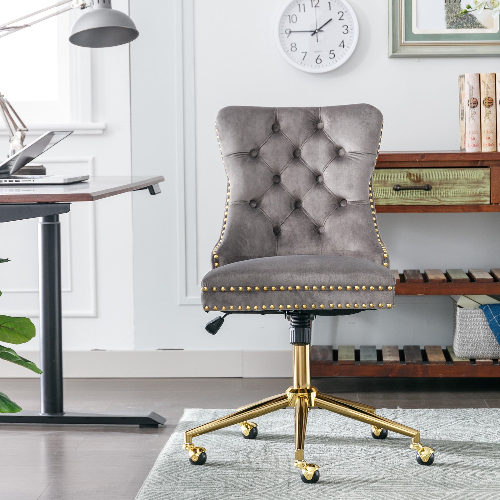 Office Chair,Velvet Upholstered Tufted Button Home Office Chair With Golden Metal Base,Adjustable Desk Chair Swivel Office Chair Gray Gray Foam Velvet