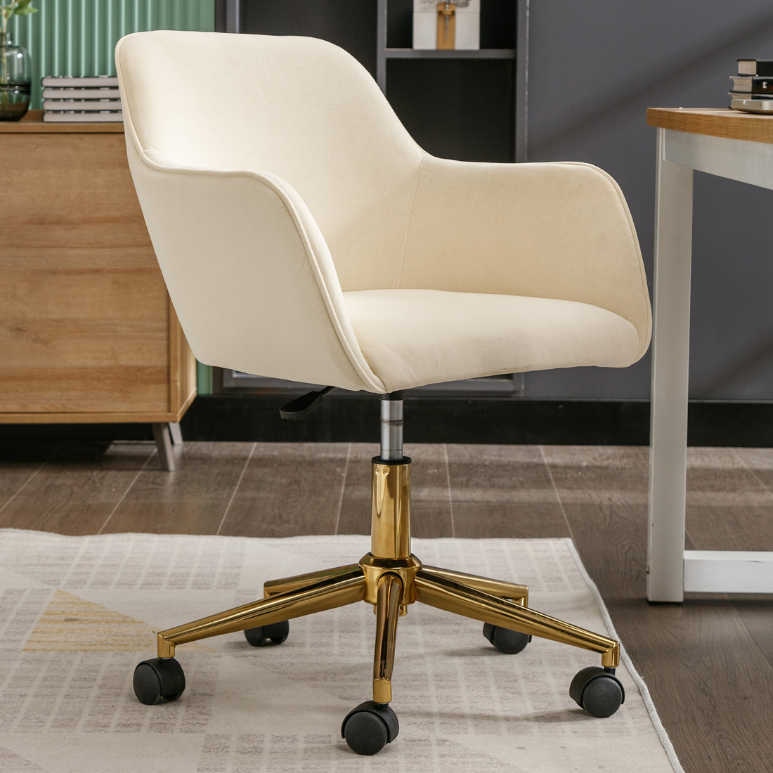 Modern Velvet Fabric Material Adjustable Height 360 Revolving Home Office Chair With Gold Metal Legs And Universal Wheels For Indoor,Beige Beige Foam Velvet