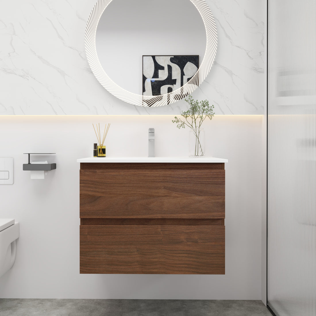 30" Bathroom Vanity With Gel Basin Top, Soft Close brown oak-plywood