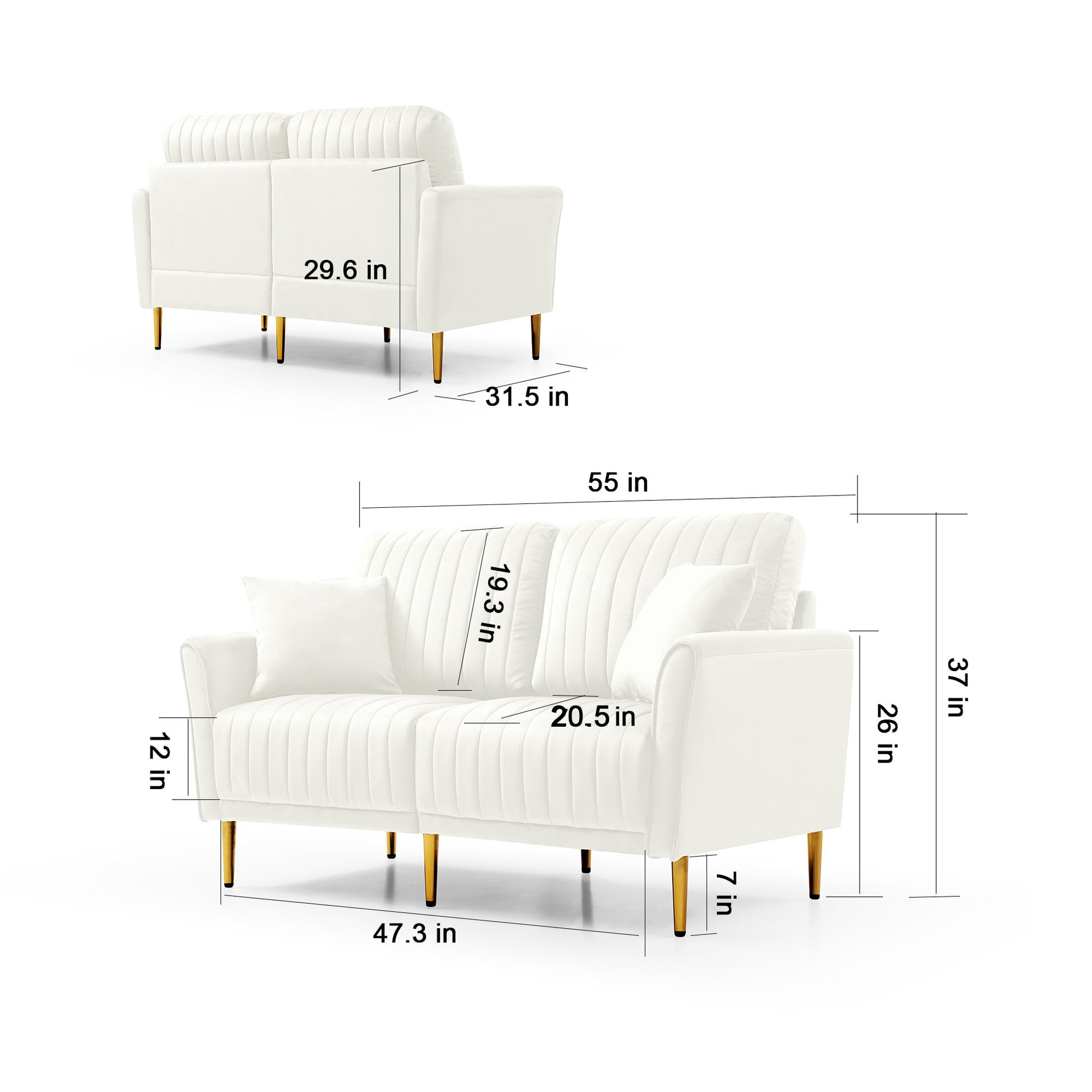 Cream White 2 Seater Loveseat Sofa Couch W Pillows And Metal Legs, Upholstered Modern Beautiful Seats Furniture For Bedroom, Office, Small Space, Apartment Cream Foam Velvet