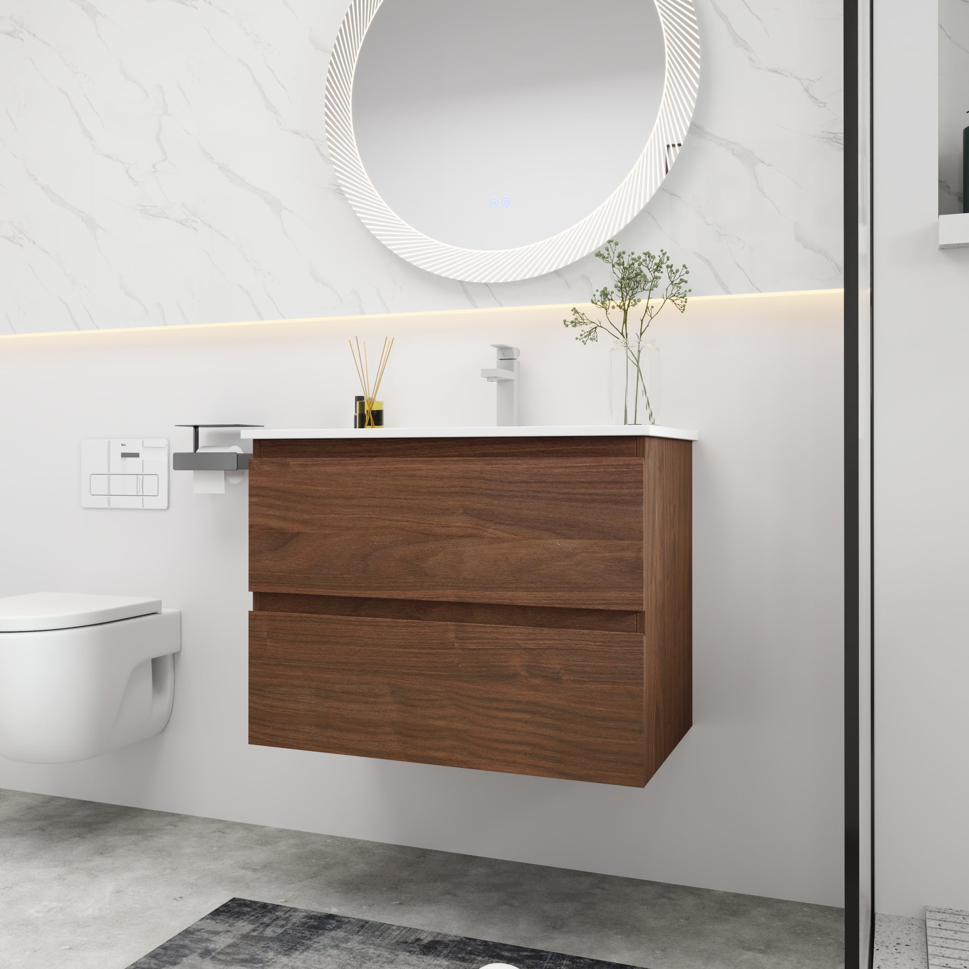 30" Bathroom Vanity With Gel Basin Top, Soft Close brown oak-plywood