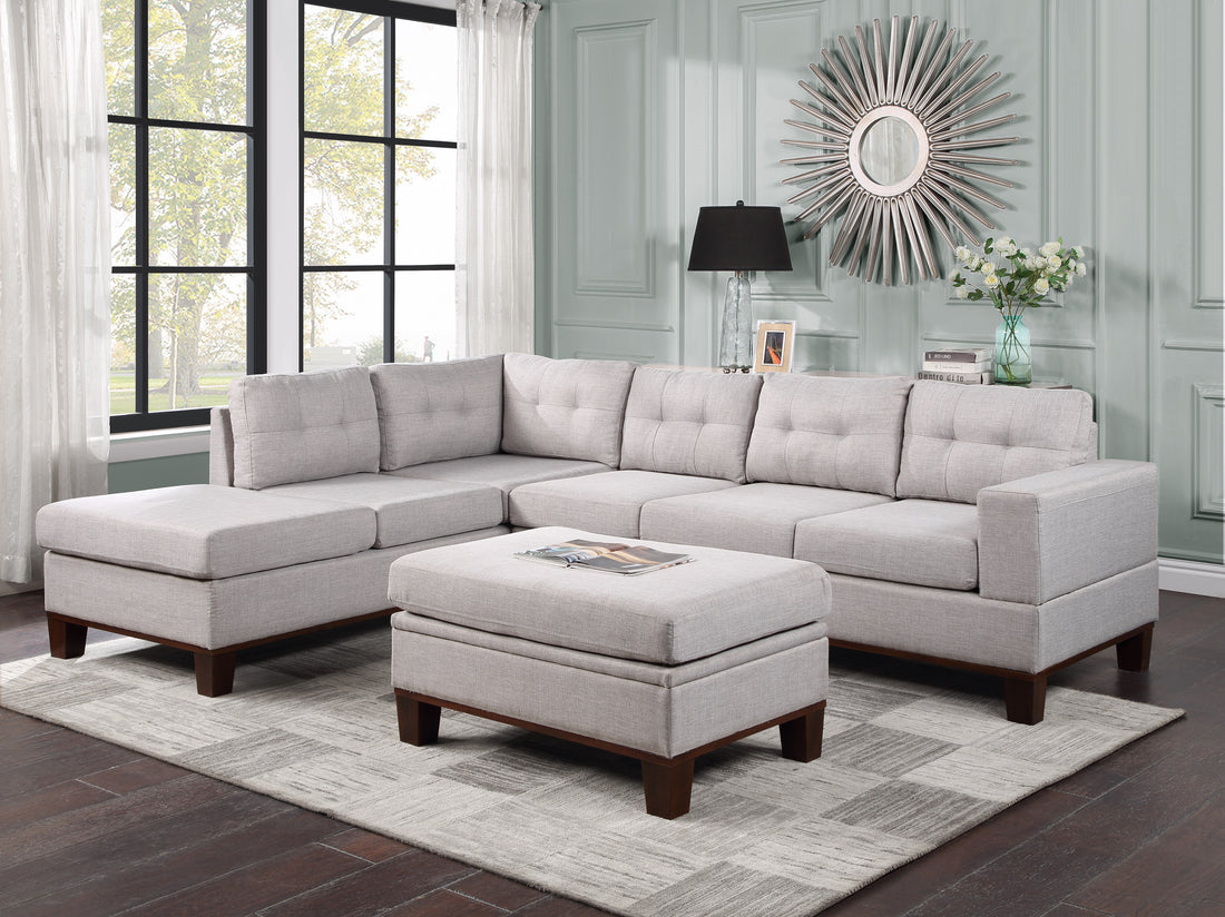 Hilo 106" Light Gray Fabric Reversible Sectional Sofa With Dropdown Armrest, Cupholder, And Storage Ottoman Light Gray Polyester