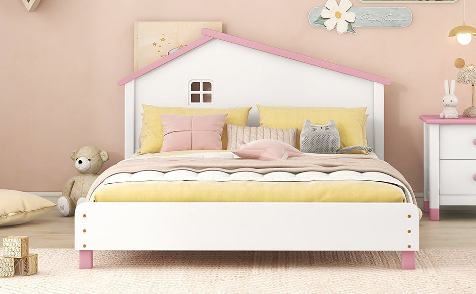 Full Size Wood Platform Bed with House shaped white+pink-solid wood