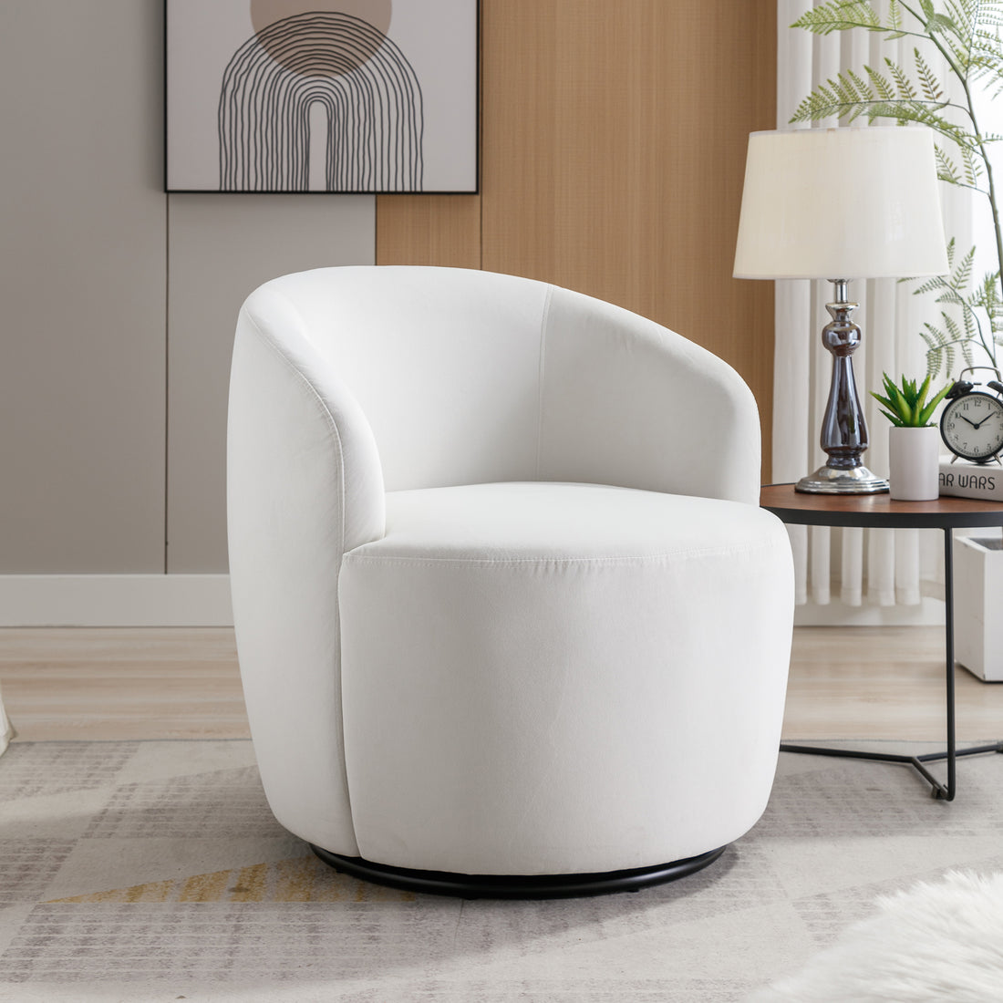 Velvet Fabric Swivel Accent Armchair Barrel Chair With Black Powder Coating Metal Ring,White White Foam Velvet