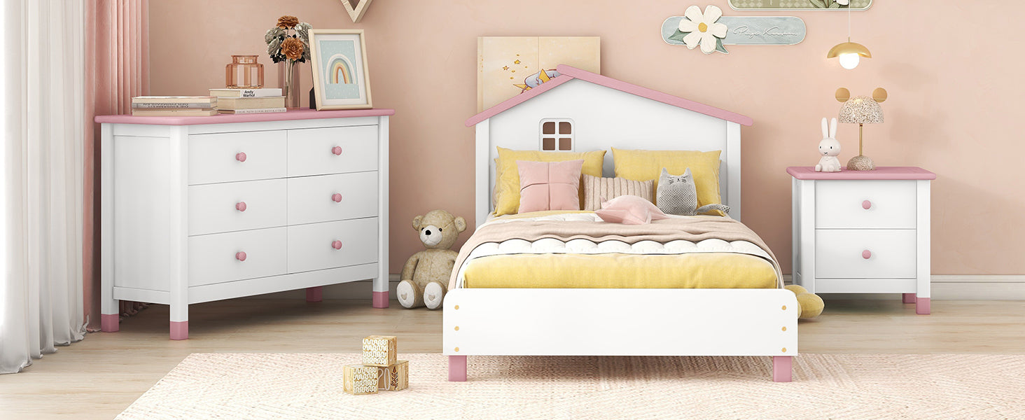 3 Pieces Bedroom Sets Twin Size Platform Bed With Nightstand And Storage Dresser,White Pink White Pink Solid Wood