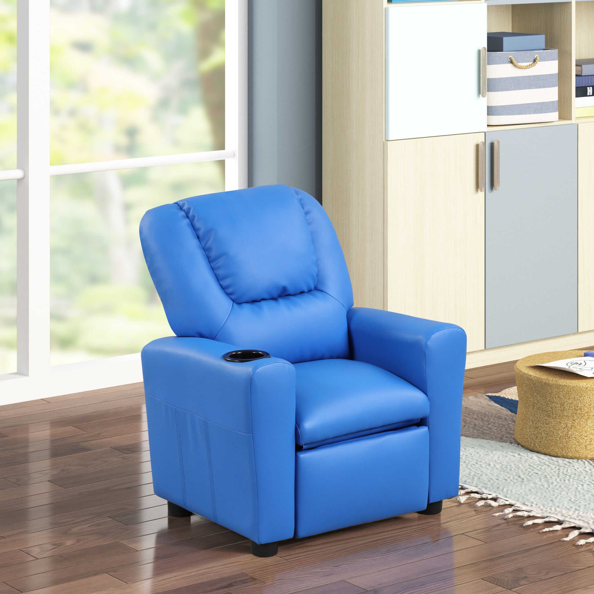 Marisa 22" Blue Pu Leather Kids Recliner Chair With Cupholder Blue Pu Leather