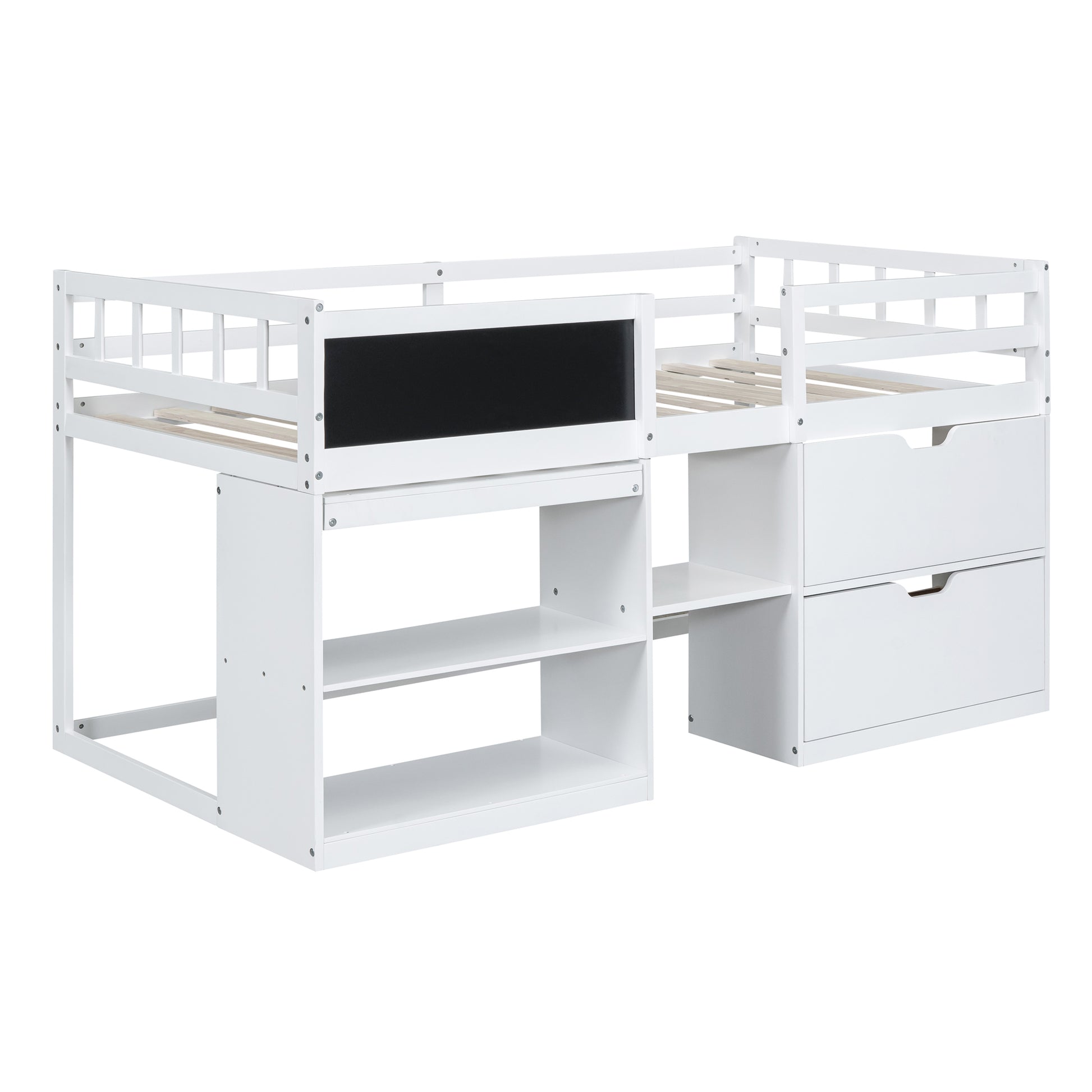 Twin Size Low Loft Bed With Rolling Desk, Shelf And Drawers White White Solid Wood