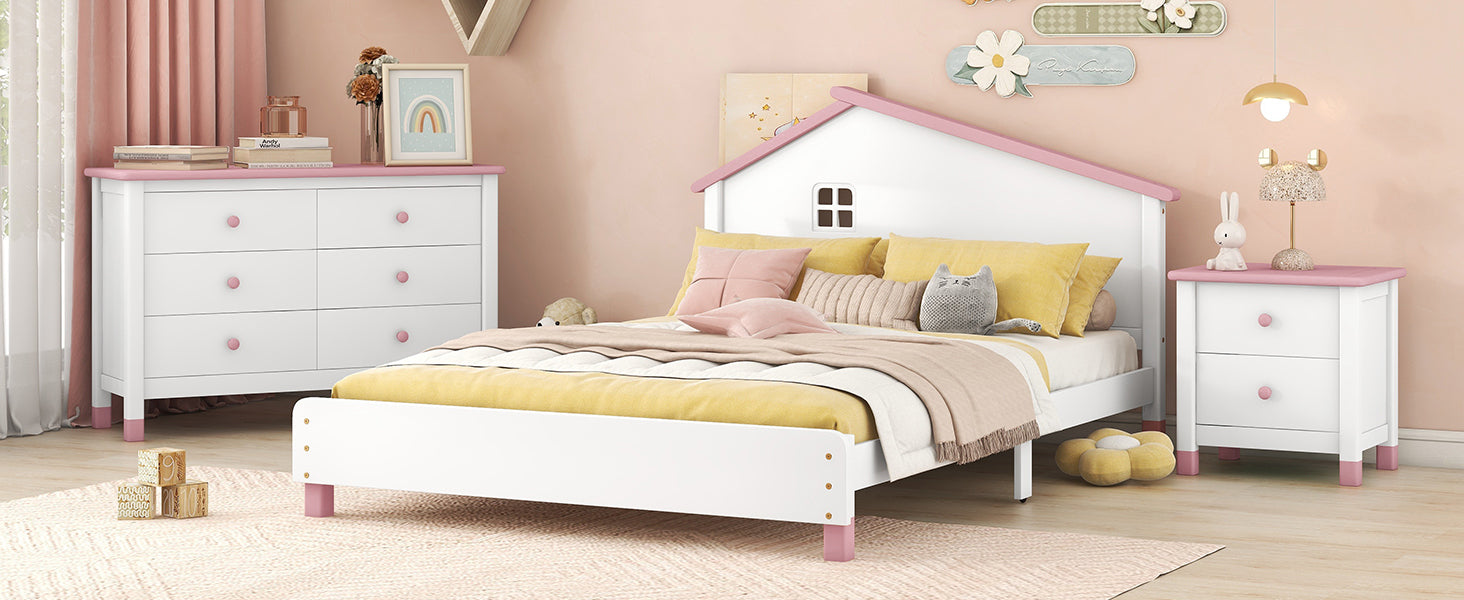 3 Pieces Bedroom Sets Full Size Platform Bed With Nightstand And Storage Dresser,White Pink White Pink Solid Wood